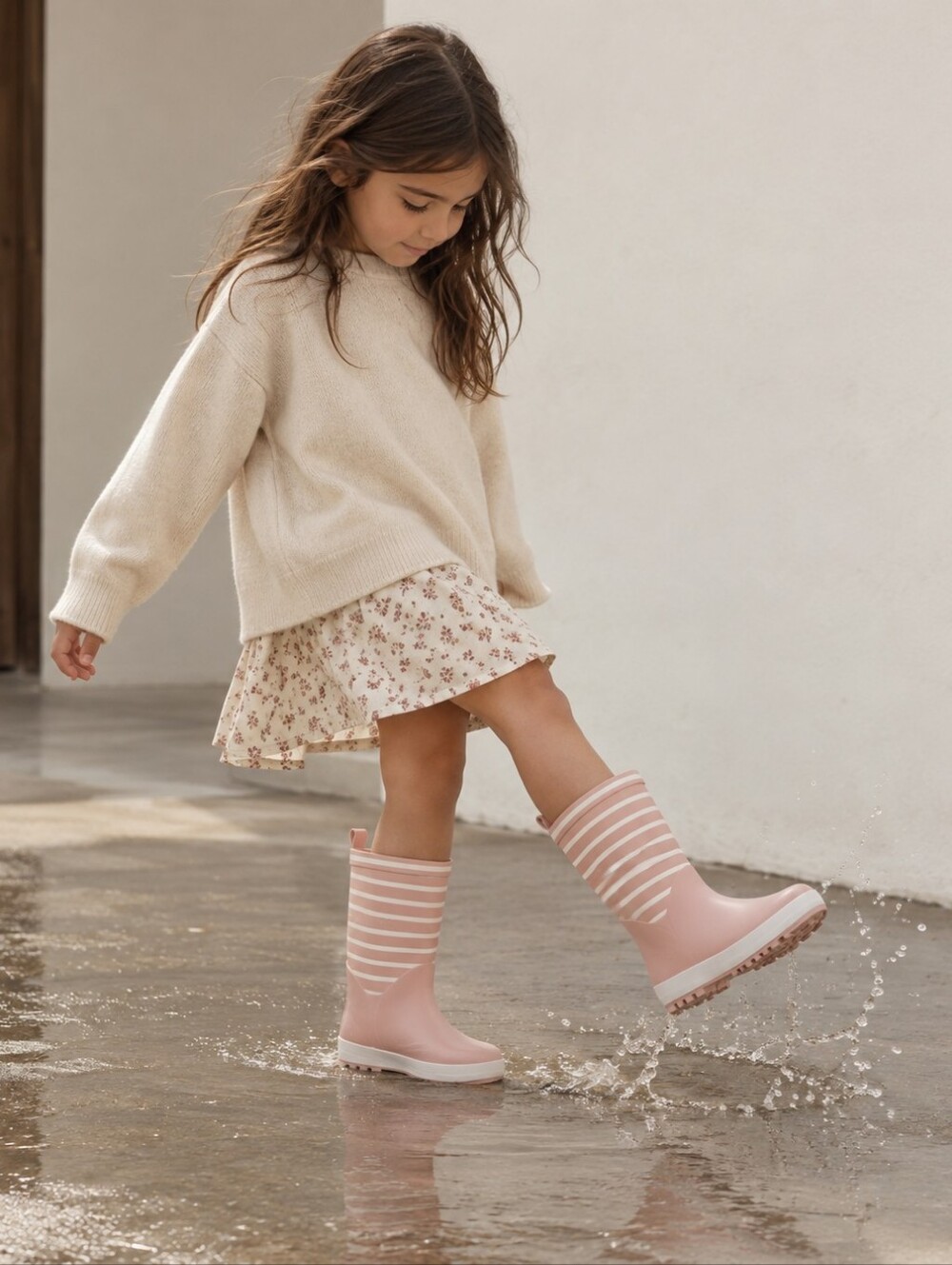 Okaidi Girls Rain Boots US 1 Big Kid EU 32 Pink White Striped Waterproof Wellies